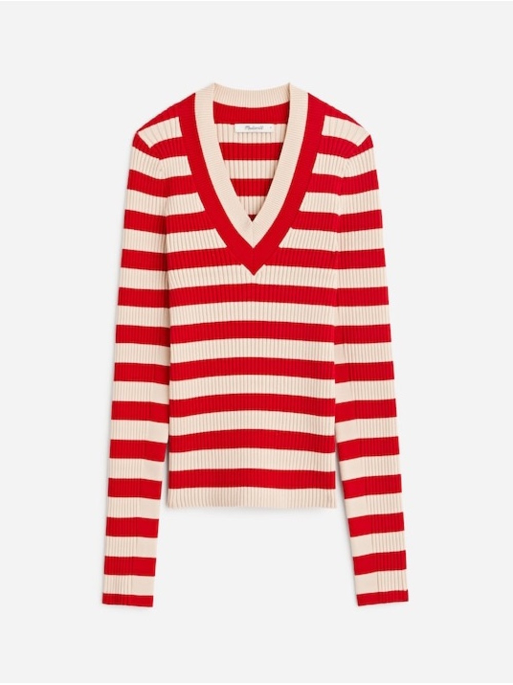 Madewell Red Cream Striped Ribbed V Neck Sweater Medium Coastal Preppy Classic